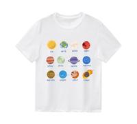 Camiseta de verano para chicos Casual Manga Corta Cuello Redondo Algodón Transpirable Niños Top Planeta Estampado Divertido Cómodo, Blanco, 6-7 años