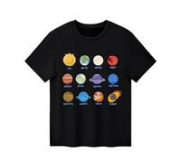 Camiseta de verano para chicos Casual Manga Corta Cuello Redondo Algodón Transpirable Niños Top Planeta Estampado Divertido Cómodo, Negro , 6-7 años