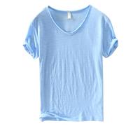 Camiseta de verano para hombre, con bolsillo en el pecho, algodón, cuello en V, manga corta, camiseta de manga corta, azul celeste, XXXL