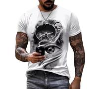 Camiseta de Verano para Hombre con Cuello Redondo Impresa en 3D con diseño Vintage de Reloj Roto y brújula en Estilo Line Art Efecto Desgastado Camiseta Informal para el Tiempo Libre