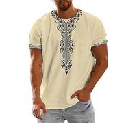 Camiseta de verano para hombre, cuello redondo, con estampado africano Dashiki, moda casual de manga corta, camiseta de playa para hombre, caqui, L