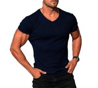 Camiseta de Verano para Hombre, Manga Corta, Cuello en V Básica Slim Fit tee Informal para Gimnasio, Estilo Urbano y Momentos de Descanso,Marina,L