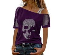 Camiseta de verano para mujer con estampado de calavera, camiseta de manga corta Y2k Streetwear camiseta retro vintage punk cráneo impreso tops cuello oblicuo camiseta sexy malla top gótico ropa de