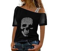 Camiseta de verano para mujer con estampado de calavera, camiseta de manga corta Y2k Streetwear camiseta retro vintage punk cráneo impreso tops cuello oblicuo camiseta sexy malla top gótico ropa de