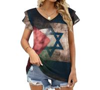 Camiseta de Verano para Mujer con Estampado de Las Banderas de Palestina e Israel, Manga Corta con Volantes y Cuello en V, Corte Holgado y Estilo Casual.