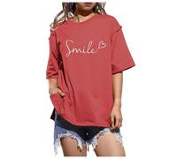 Camiseta de verano para mujer con estampado de letras clásicas, manga corta, cuello redondo suelto, camiseta de manga corta para mujer, rojo, S