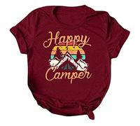 Camiseta de verano para mujer con letras impresas, cuello en O, para verano, bonitas camisetas de manga 3/4, para mujer, Vino, S