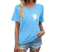 Camiseta de verano para mujer, cuello redondo, manga corta, camiseta ligera, estampada, informal, suave, cómoda, blusa holgada, camiseta de verano, ropa de calle, O Azul Claro, XL