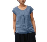 Camiseta de verano para mujer de manga corta de lino transpirable con cuello en V para una casual y cómoda, azul, M