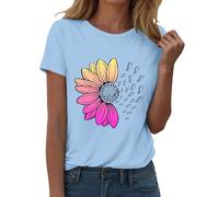 Camiseta de verano para mujer, diseño de girasoles, manga corta, con gráficos bonitos, camisetas sueltas para mujer, camiseta festiva, tops elegantes, camisetas para camiseta, azul claro, S
