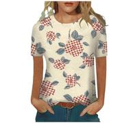Camiseta de verano para mujer, estampada, cuello redondo, flores, manga corta, fiesta de neón, beige, L
