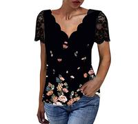 Camiseta de verano para mujer, informal, manga corta, encaje, cuello en V, informal, monocolor, estampado, encaje, manga corta, disfraz de neón para mujer, Vino, L