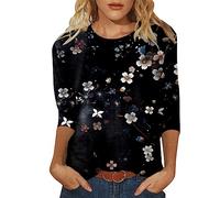 Camiseta de verano para mujer, manga 3/4, ajuste delgado, cuello redondo, ajuste delgado, media manga, camisa de primavera, camiseta de algodón casual, blusa de manga larga para mujer, Negro, L