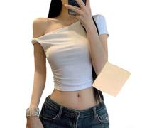 Camiseta de verano para mujer, manga corta, cuello asimétrico, diseño de nudo para ropa de calle de corte ajustado, color negro, blanco, gris, camiseta de manga corta con nudo (M blanco)