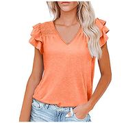 Camiseta de verano para mujer, manga corta, cuello en V, casual, ajuste holgado, color sólido, trajes de vacaciones, camiseta básica diaria para mujer, venta en liquidación, Naranja 3, L