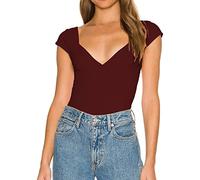 Camiseta de verano para mujer, manga corta, ligera, cuello de pico, camiseta de manga corta, camiseta para el tiempo libre, blusa transpirable, informal, moderna, urbana, parte superior, rojo, L