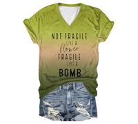Camiseta de verano para mujer, para salir, no frágil como una flor, frágil como una bomba, casual, ajuste holgado, cuello en V, camiseta de manga corta de verano a la moda, amarillo, S