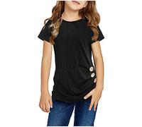 Camiseta de verano para niña, color negro, transpirable, camisetas para niños con cuello redondo, monocolor, camiseta de manga corta, camiseta suelta para niñas, camiseta con botones, algodón, ropa