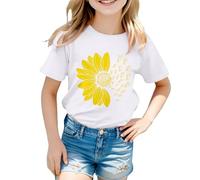 Camiseta de verano para niñas, diseño de girasoles, cuello redondo, manga corta, informal, para niñas, blanco, 2-3 años