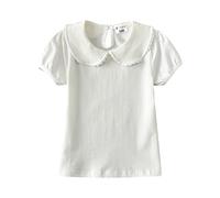 Camiseta de verano para niñas y niñas, cuello Peter Pan, camiseta de manga corta, con encaje floral, camiseta holgada para la escuela, bonita camiseta lisa, blanco, 3-4 años