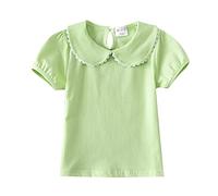 Camiseta de verano para niñas y niñas, cuello Peter Pan, camiseta de manga corta, con encaje floral, camiseta holgada para la escuela, bonita camiseta lisa, verde, 4-5 años
