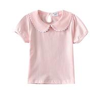 Camiseta de verano para niñas y niñas, cuello Peter Pan, camiseta de manga corta, con encaje floral, camiseta holgada para la escuela, bonita camiseta lisa, rosa, 5-6 años