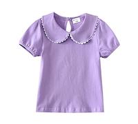 Camiseta de verano para niñas y niñas, cuello Peter Pan, camiseta de manga corta, con encaje floral, camiseta holgada para la escuela, bonita camiseta lisa, Morado (, 5-6 años