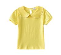 Camiseta de verano para niñas y niñas, cuello Peter Pan, camiseta de manga corta, con encaje floral, camiseta holgada para la escuela, bonita camiseta lisa, amarillo, 4-5 años