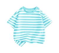 Camiseta de verano para niños, manga corta, cuello alto, a rayas, informal, para salir, para niña o niña, color rojo, azul claro, 11-12 Años