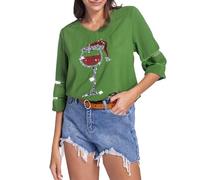 Camiseta de yoga para mujer, holgada, cuello en V, malla, trompeta, media manga, informal, parte superior de Navidad, moda, verde, M
