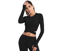Camiseta Deportiva Corta de Manga Larga para Mujer Camisas Sin Costuras con Orificio para el Pulgar Yoga Crop Top de Running para Correr Fitness