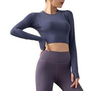 Camiseta Deportiva de Manga Larga para Mujer Camisa Corta Sin Costuras Elásticos Camisetas Deporte Yoga Crop Top para Correr Fitness Gym Running