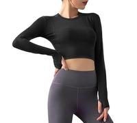 Camiseta Deportiva de Manga Larga para Mujer Camisa Corta Sin Costuras Elásticos Camisetas Deporte Yoga Crop Top para Correr Fitness Gym Running