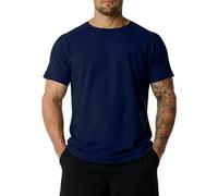 Camiseta deportiva para hombre con cuello redondo y corte ajustado. Camiseta funcional de manga corta en diseño monocolor. Camiseta ligera de fitness para entrenamiento y uso diario, Style#i04 Navy, S