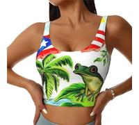 Camiseta deportiva sin mangas acolchada con diseño de rana y palmeras con bandera de Puerto Rico para mujer, para correr, fitness, yoga, corsé de baile, diseño U, Negro, L