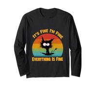 Camiseta Divertida con diseño de Gato Negro con Texto en inglés It's Fine I'm Fine Everything Manga Larga