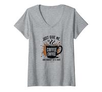 Camiseta Divertida con Estampado de Adictos a la cafeína de Just Give Me Coffee Camiseta Cuello V, Mujer, Gris Jaspeado, M
