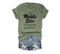 Camiseta Divertida de algodón para Mujer Blusa Informal de Manga Corta Top de Verano de Cuello Redondo, Camiseta con el Eslogan I'm The Middle Sister I'm The Reason We Have Rules