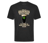 Camiseta divertida para beber del día de San Patricio - Impresión "Hello Darkness My Old Friend I've Come To Drink With You Again" - Camiseta negra para hombre y mujer con gráfico beige - Camiseta de