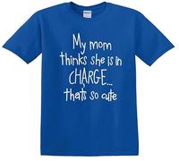 Camiseta divertida para niños con texto "Mom Thinks SHE is in CHARGECREW", Camiseta azul real con estampado blanco, 12-14 años