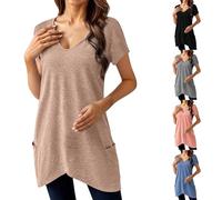 Camiseta elegante de gran tamaño para mujer, cuello en V, blusa con bolsillo, verano, informal, básica, de manga corta, holgada, camiseta deportiva, camiseta larga, informal, para leggins, azul, L