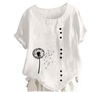 Camiseta elegante de manga corta para mujer, diseño de diente de león, camiseta de verano, cuello redondo, parte superior con botones, Blanco, XL
