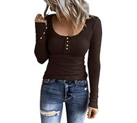Camiseta elegante de manga larga para mujer, color negro, cuello redondo, elástico, con botones, jersey de punto básico, camiseta Henley de gran tamaño, camiseta informal de punto, corte ajustado