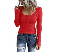 Camiseta elegante de manga larga para mujer, color negro, cuello redondo, elástico, con botones, jersey de punto básico, camiseta Henley de gran tamaño, camiseta informal de punto, corte ajustado