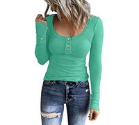 Camiseta elegante de manga larga para mujer, color negro, cuello redondo, elástico, con botones, jersey de punto básico, camiseta Henley de gran tamaño, camiseta informal de punto, corte ajustado