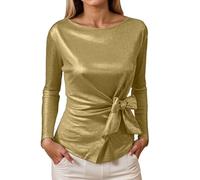 Camiseta elegante de manga larga para mujer con lazo de satén, brillo glamuroso para todos, dorado, L