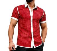 Camiseta Estampada con Botones para Hombre, Lunares geométricos Manga Corta Informal Red X-Grande