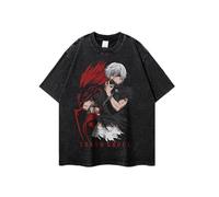 Camiseta Estampada con Motivos De Anime Japonés, Lavada para Darle Un Aspecto Desgastado, Manga Corta, Estilo Hip Hop (Black a,3XL)