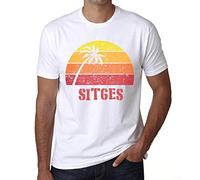 Camiseta Estampada para Hombre Palma, Playa, Puesta De Sol En Sitges - Palm, Beach, Sunset In Sitges - T-Shirt Vintage Manga Corta Regalo Original Cumpleaños Diseño Gráfico Moda Blanco M