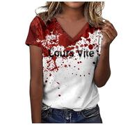 Camiseta estampada para mujer, manga corta, cuello en V, blusa de verano, Rojo sandía, 5XL